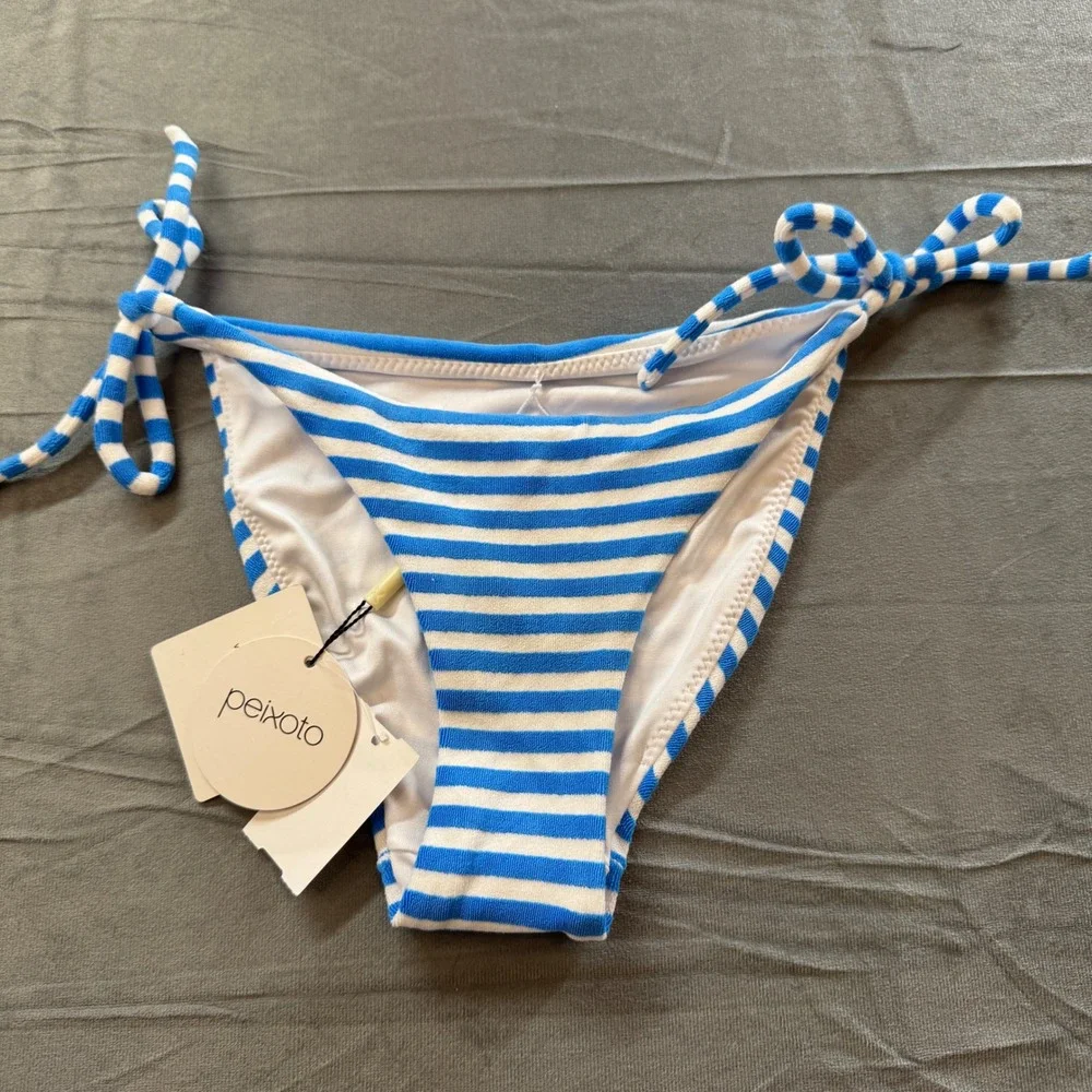Peixoto Womens Terry Amore Tonie Bikini Bottom XS Blue White Striped Side Tie - Picture 1 of 8